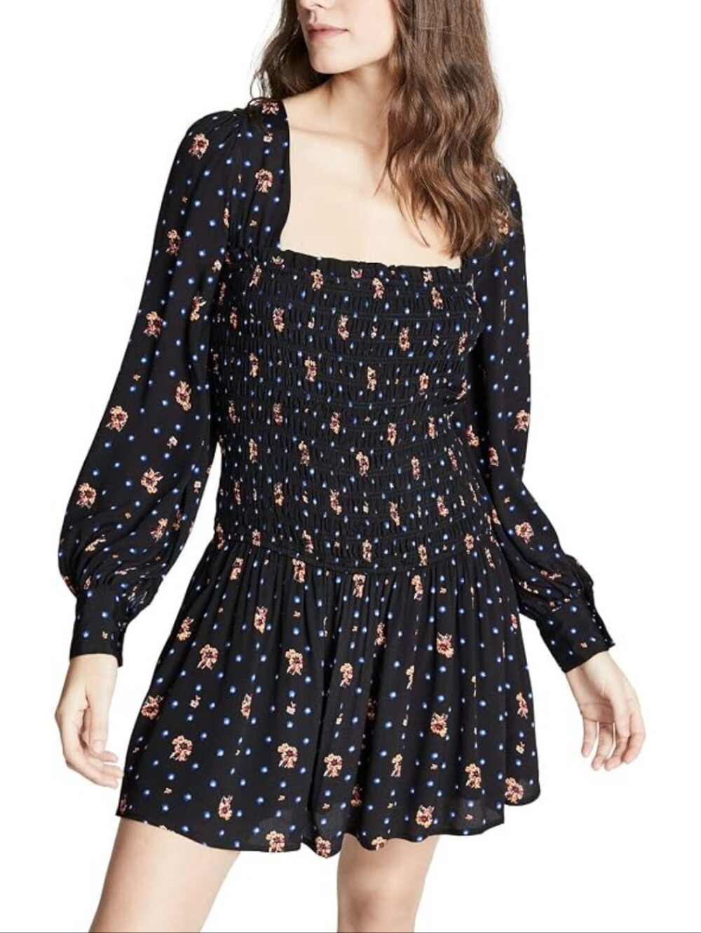 Free People Women's Two Faces Mini Dress Black Smocked Blue Key Hole Viscose L